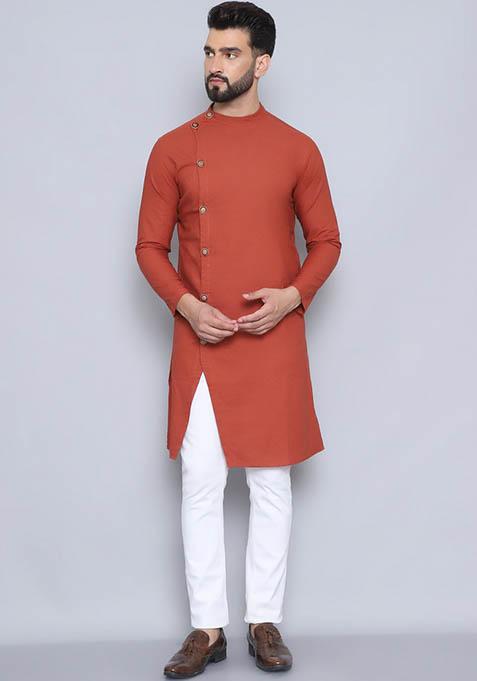 Rust Red Hand Embroidered Rayon Kurta For Men