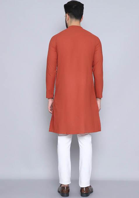 Rust Red Hand Embroidered Rayon Kurta For Men