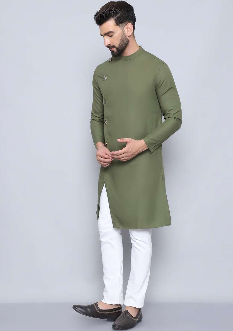 Green Solid Cotton Kurta For Men - Indya
