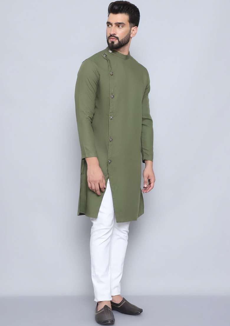 Green Solid Cotton Kurta For Men - Indya