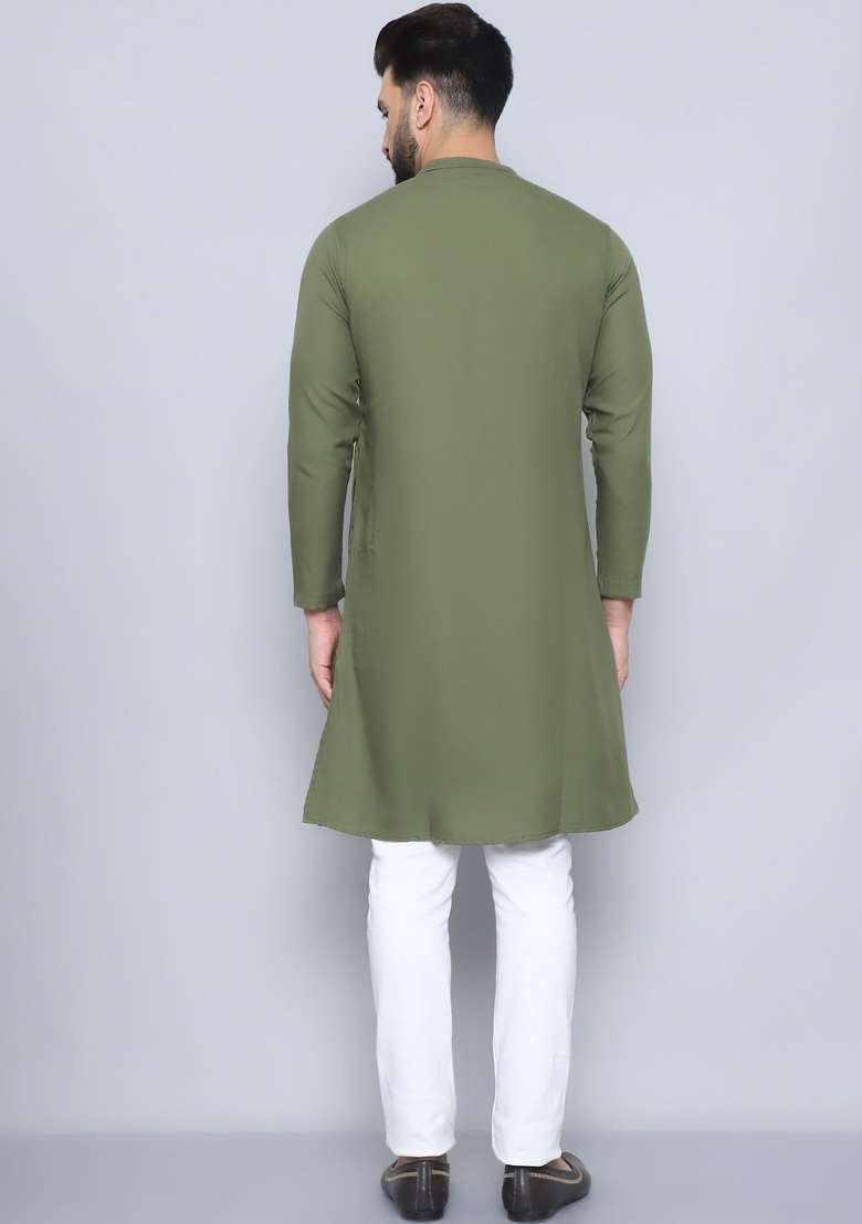 Green Solid Cotton Kurta For Men - Indya