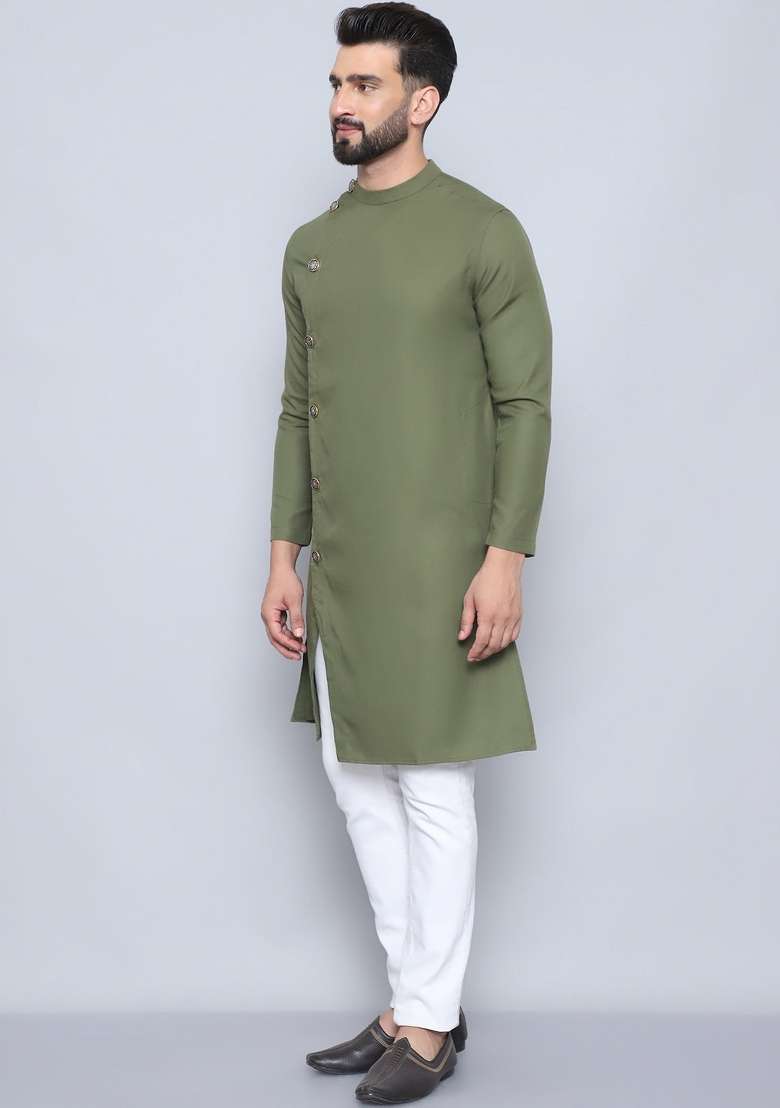 Green Solid Cotton Kurta For Men - Indya