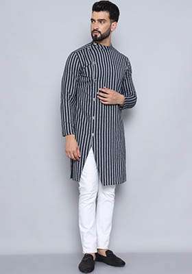 Maroon Striped Cotton Kurta For Men