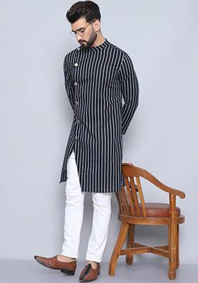 Blue Striped Cotton Kurta For Men