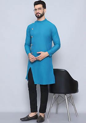 Green Striped Cotton Kurta For Men