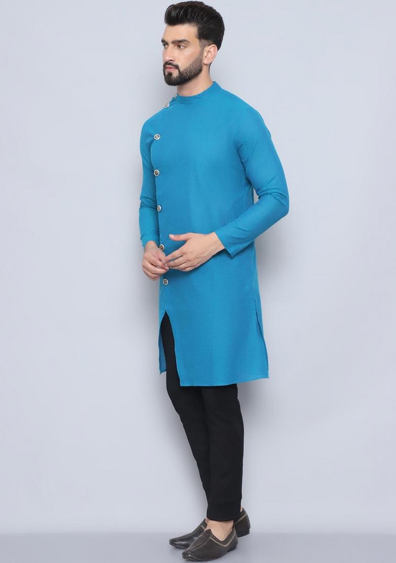 Green Striped Cotton Kurta For Men - Indya