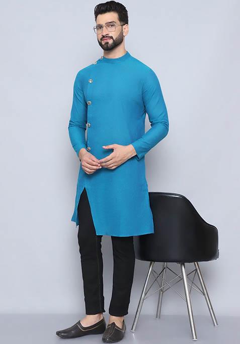 Green Striped Cotton Kurta For Men