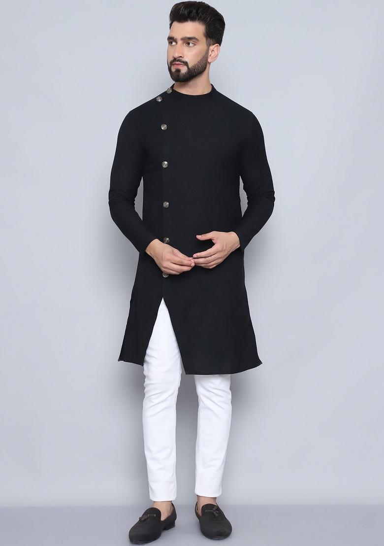 Orange Solid Cotton Kurta For Men
