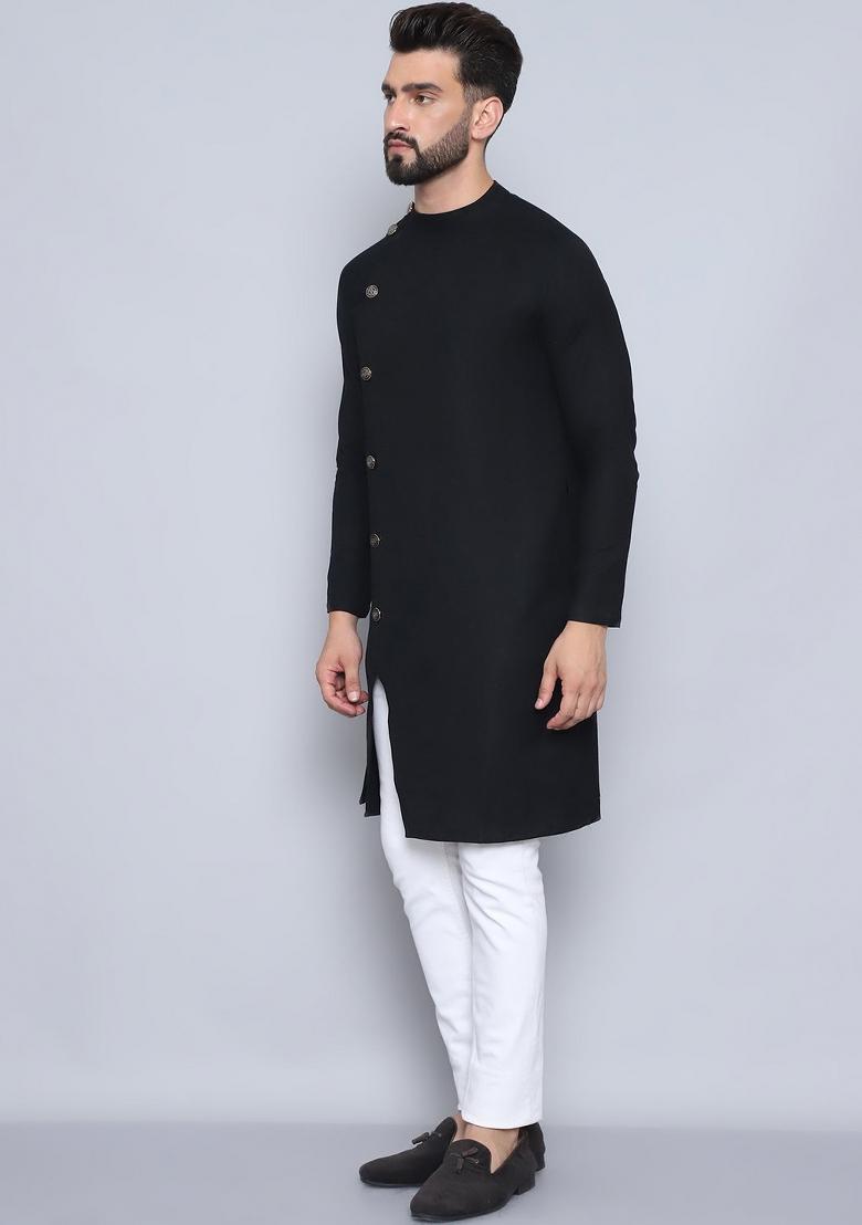 Orange Solid Cotton Kurta For Men