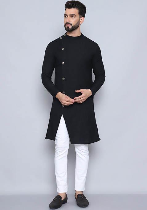 Orange Solid Cotton Kurta For Men