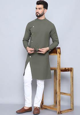 Green Solid Cotton Kurta For Men