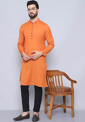 Orange Solid Cotton Kurta For Men