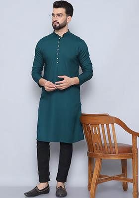 Green Hand Embroidered Cotton Kurta For Men