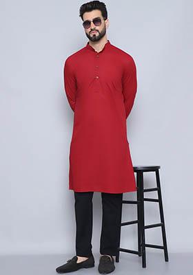 Grey Solid Cotton Kurta For Men