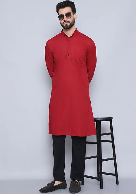 Grey Solid Cotton Kurta For Men