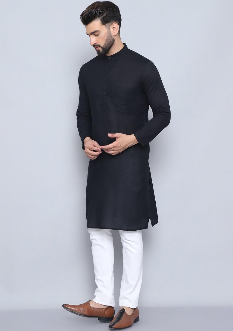 Blue Solid Cotton Kurta For Men - Indya