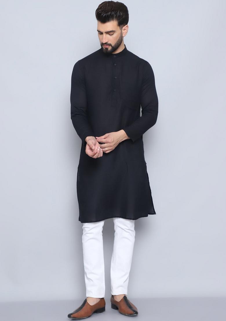 Blue Solid Cotton Kurta For Men - Indya