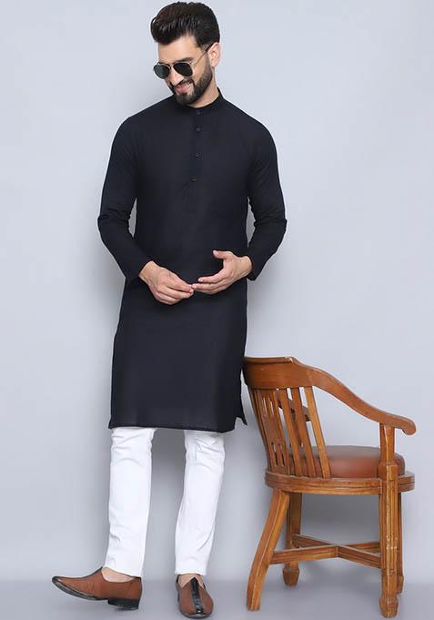 Blue Solid Cotton Kurta For Men