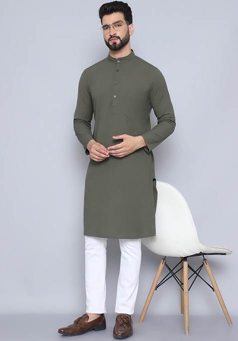 Black Solid Cotton Kurta For Men