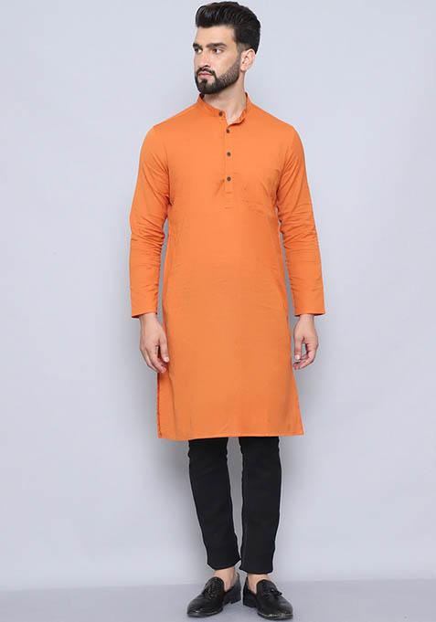 Green Hand Embroidered Cotton Kurta For Men