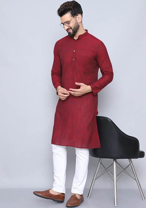 Green Striped Cotton Kurta For Men