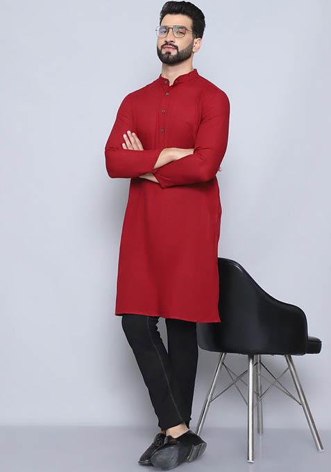 Maroon Striped Cotton Kurta For Men