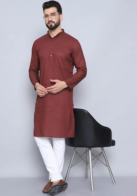 Blue Solid Cotton Kurta For Men