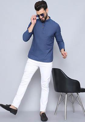 Orange Solid Cotton Kurta For Men