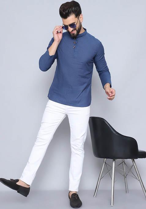 Orange Solid Cotton Kurta For Men