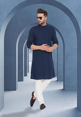Blue Solid Cotton Kurta For Men