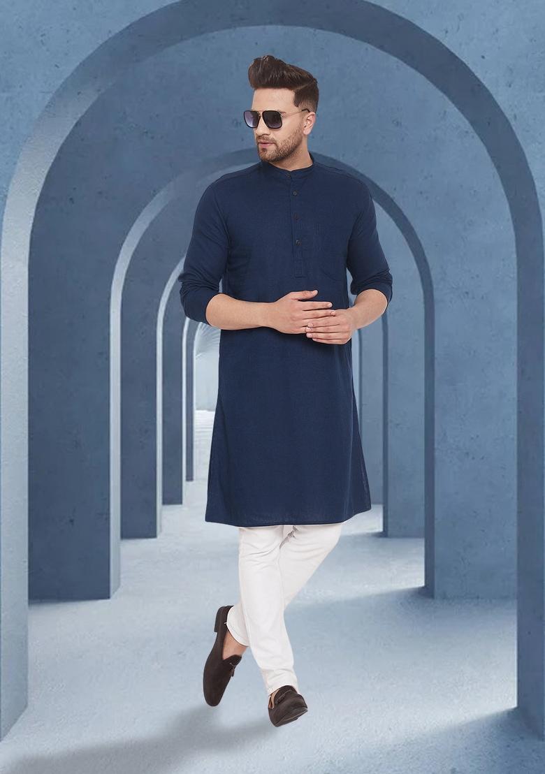 Blue Solid Cotton Kurta For Men - Indya
