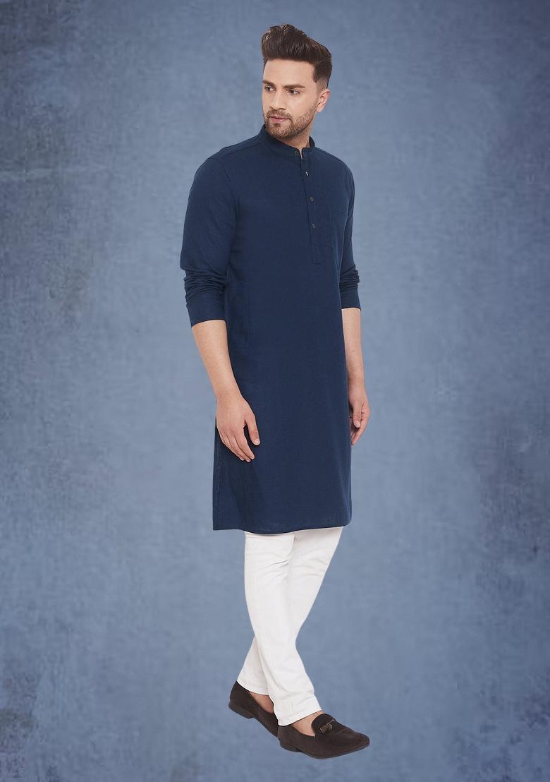 Blue Solid Cotton Kurta For Men - Indya