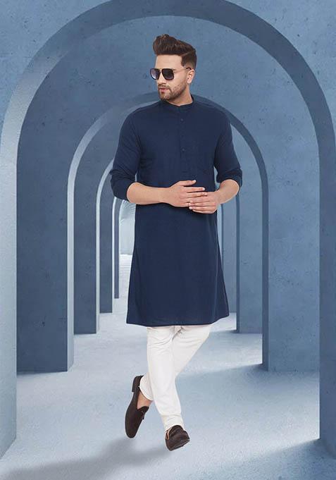Blue Solid Cotton Kurta For Men