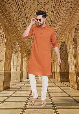 Orange Solid Cotton Kurta For Men