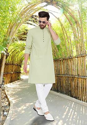 Green Solid Linen Kurta For Men
