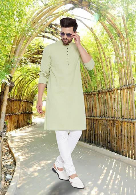Green Solid Linen Kurta For Men