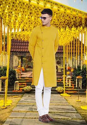 Yellow Solid Cotton Kurta For Men