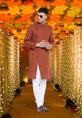 Brown Solid Cotton Kurta For Men
