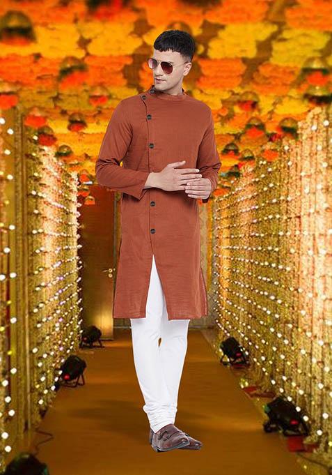 Brown Solid Cotton Kurta For Men
