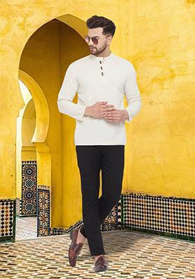 Cream Solid Cotton Kurta For Men