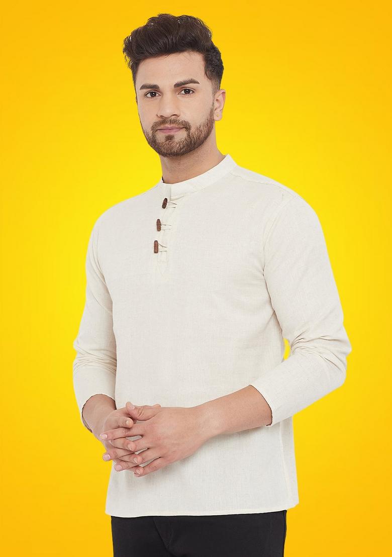 Cream Solid Cotton Kurta For Men - Indya