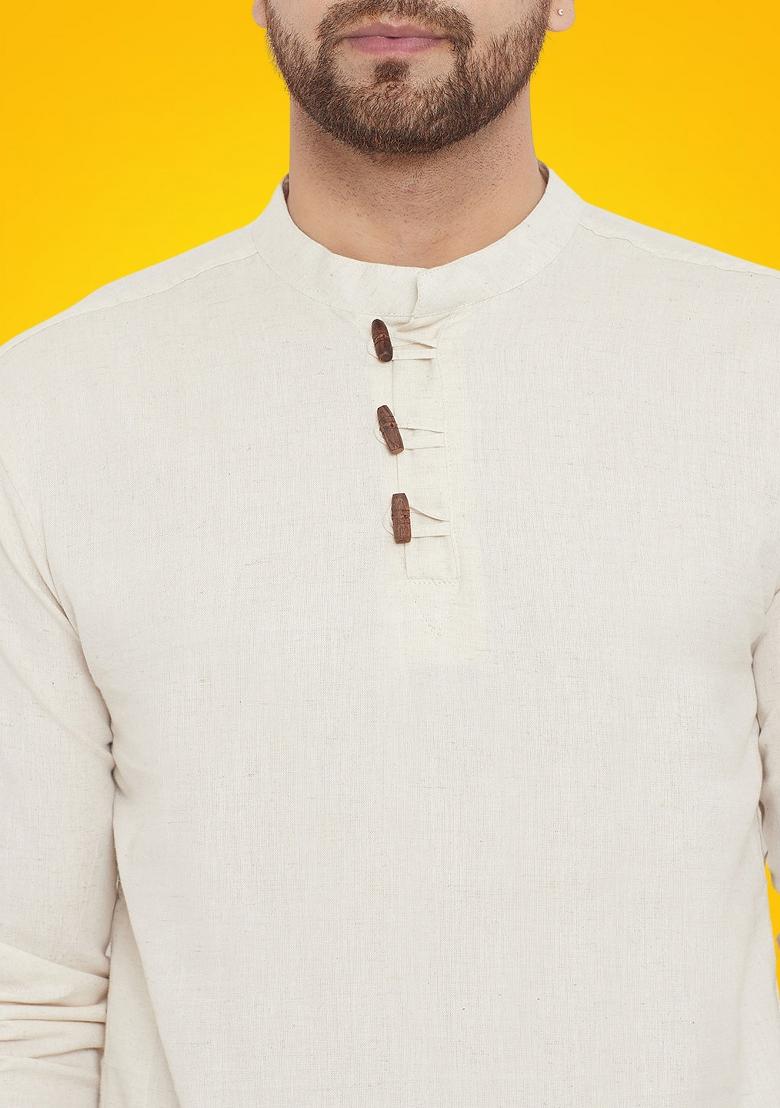 Cream Solid Cotton Kurta For Men - Indya