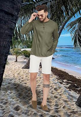 Green Solid Cotton Kurta For Men
