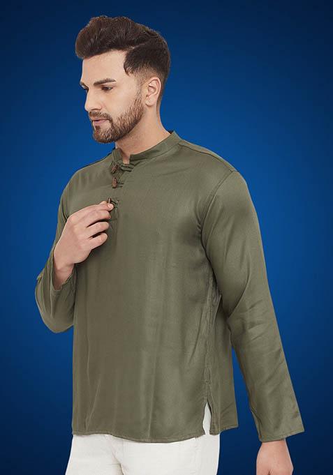 Green Solid Cotton Kurta For Men