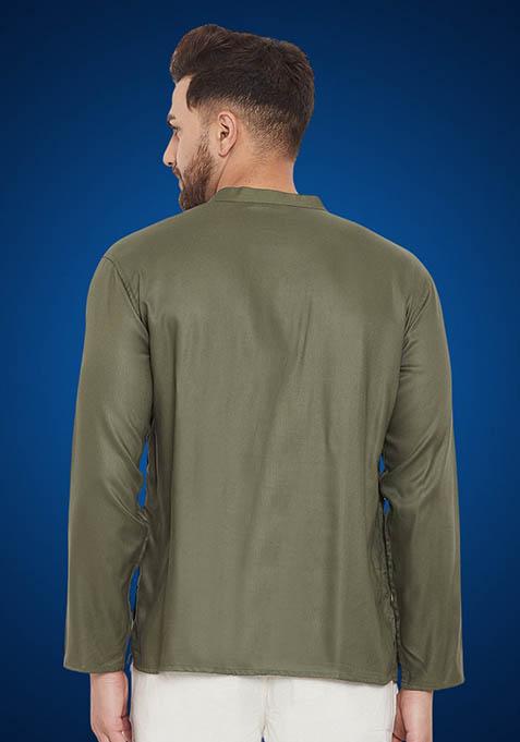 Green Solid Cotton Kurta For Men