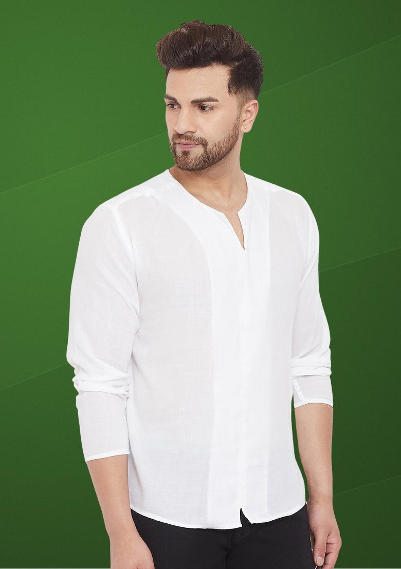 White Solid Cotton Kurta For Men