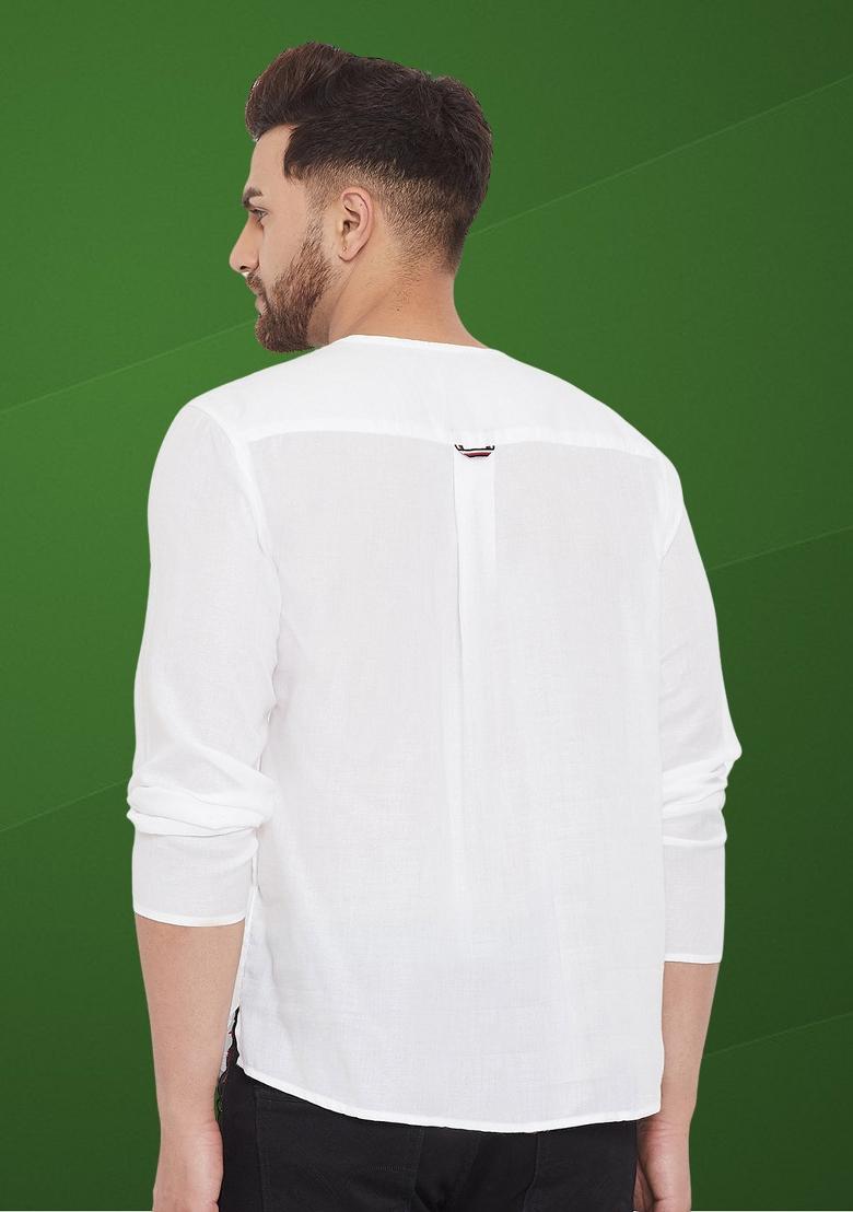 White Solid Cotton Kurta For Men