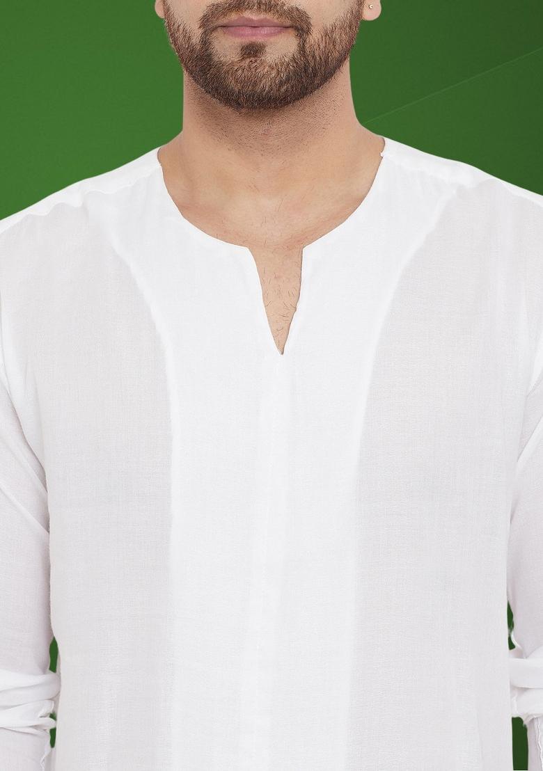 White Solid Cotton Kurta For Men