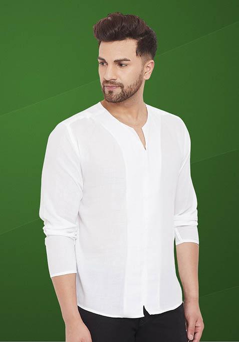 White Solid Cotton Kurta For Men