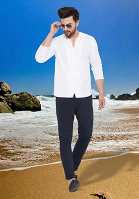 White Solid Cotton Kurta For Men
